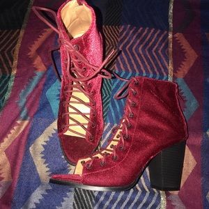 burgundy red lace up bootie.